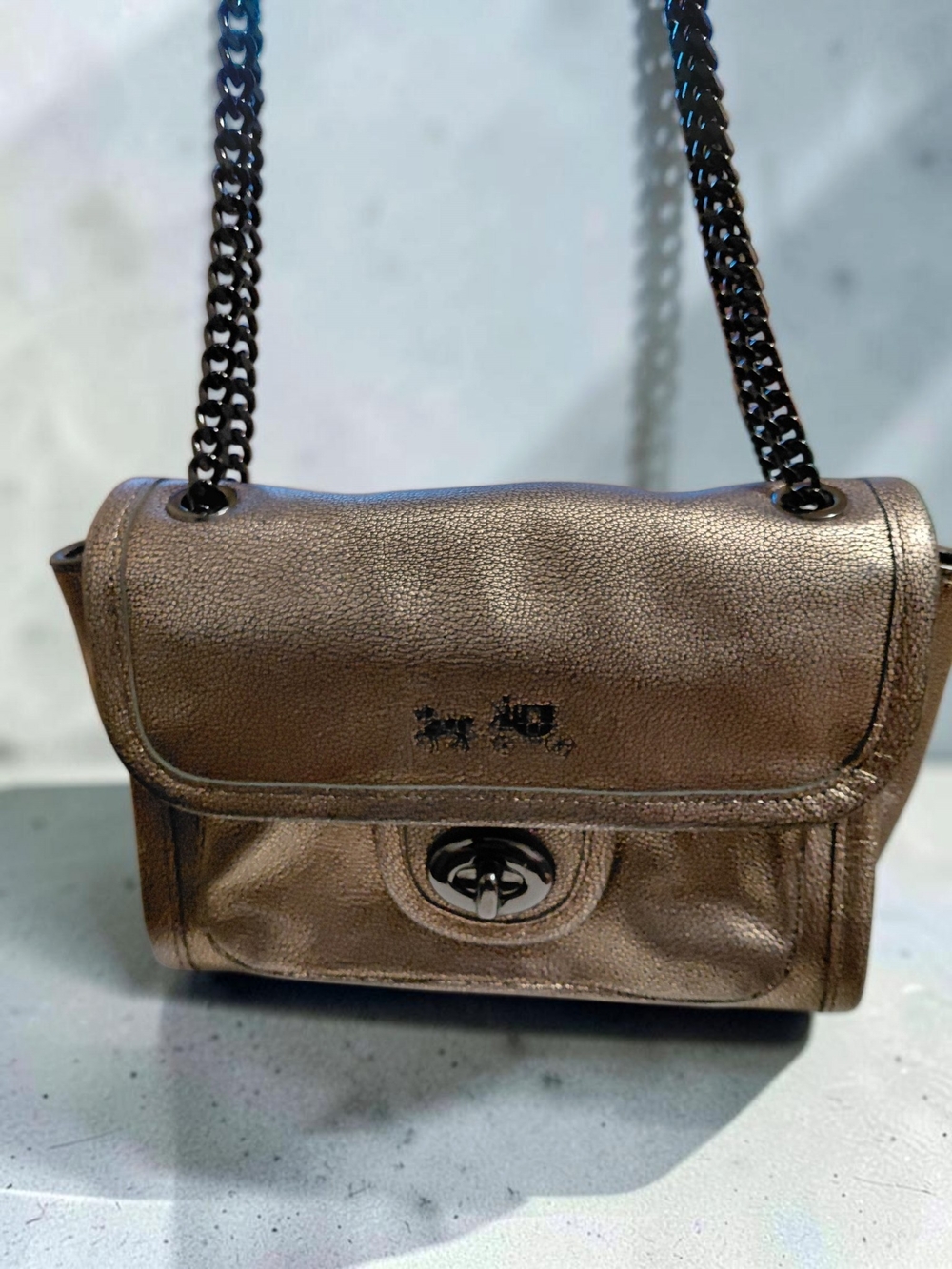 Coach Metallic Bronze Leather Shoulder Bag with Chain Strap